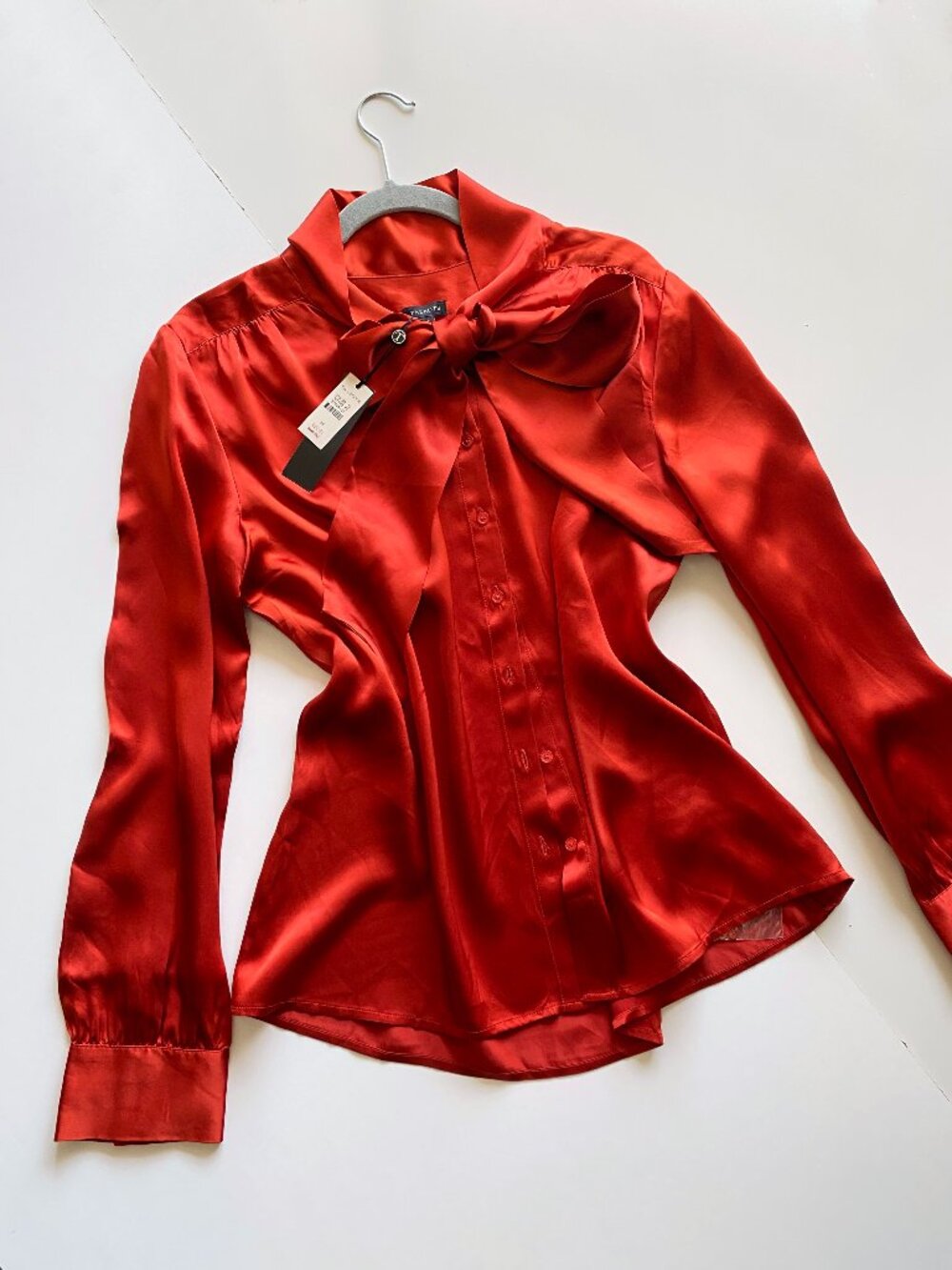 NWT Talbots Size 14 Button Up Top Red 100% Silk Bow Long Sleeves